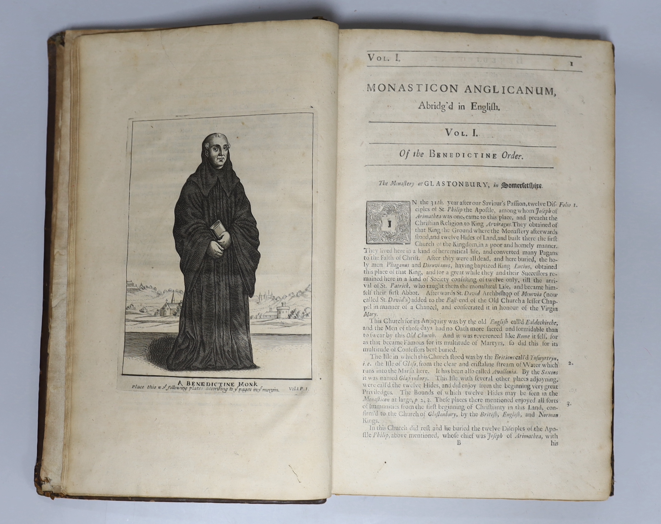 Dugdale, William. Monasticon Anglicanum, or, The History of the Ancient Abbies, and Other Monasteries, Hospitals, Cathedral and Collegiate Churches in England and Wales, first edition, 3 vols. in 1, title in read and bla